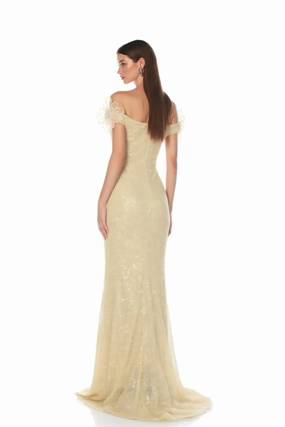 Gold Çiçek Nakışlı Payetli Abiye Elbise